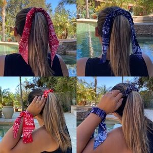 Red and Blue Set of 2 Bandanna Hair Scrunchie/Scarves